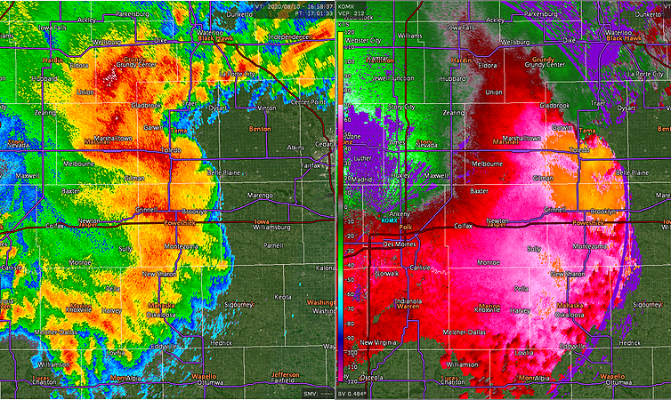 Reflectivity and velocity radar imagery used to evaluate a damaging wind event